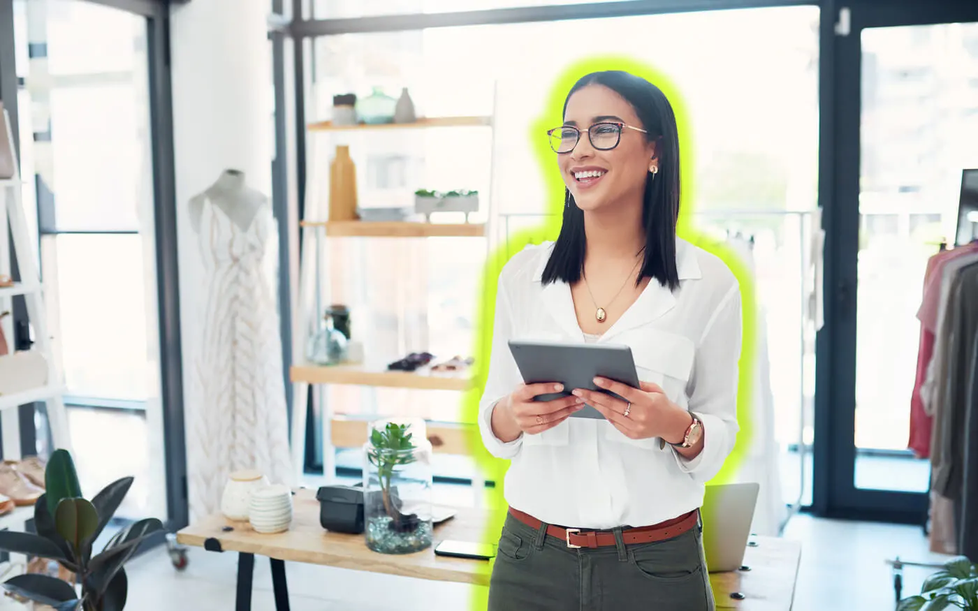 businesswoman in her store on her tablet