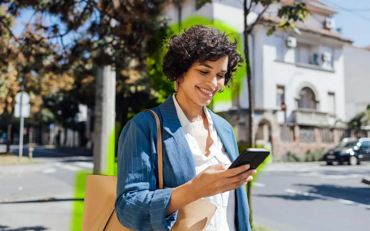 woman on phone walking to work